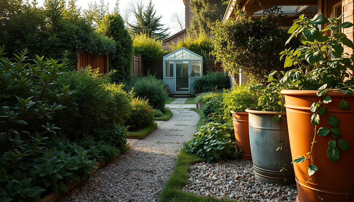 A sunlit garden with raised beds and leafy plants